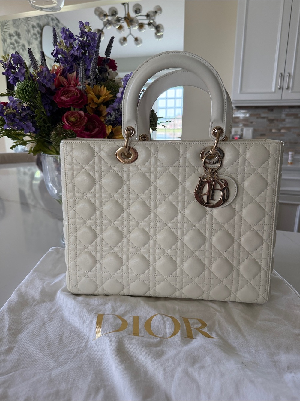 Dior White Quilted Lady Dior Tote with Gold Hardware large size